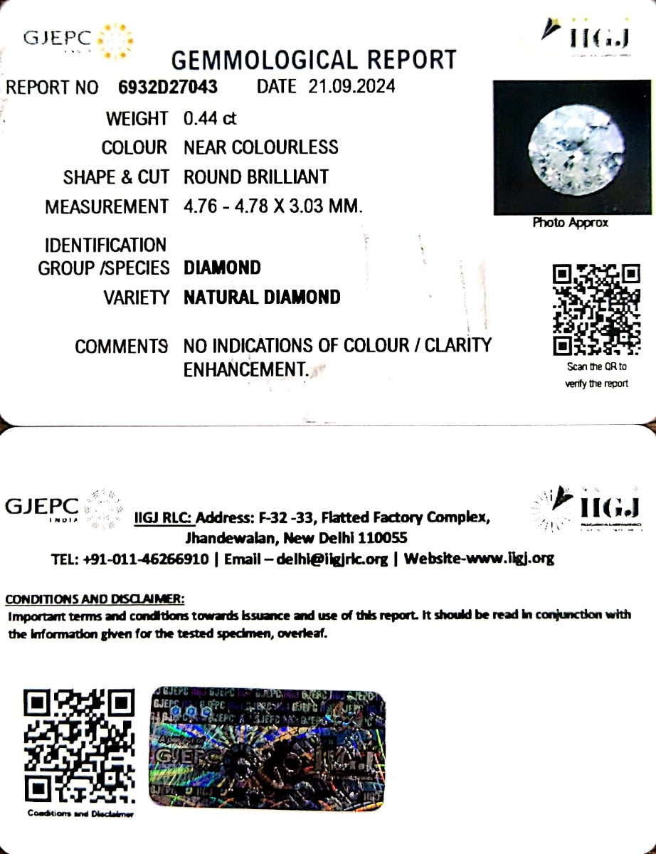 0.44/Cents Natural Diamond with Govt. Lab Certificate
