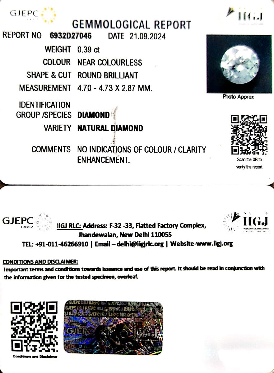 0.39/CT Natural Diamond with Govt. Lab Certificate