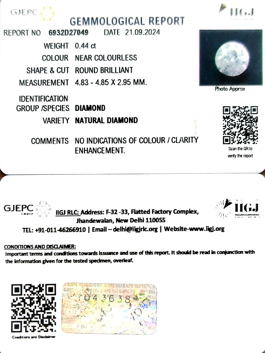 0.44/CT Natural Diamond with Govt. Lab Certificate
