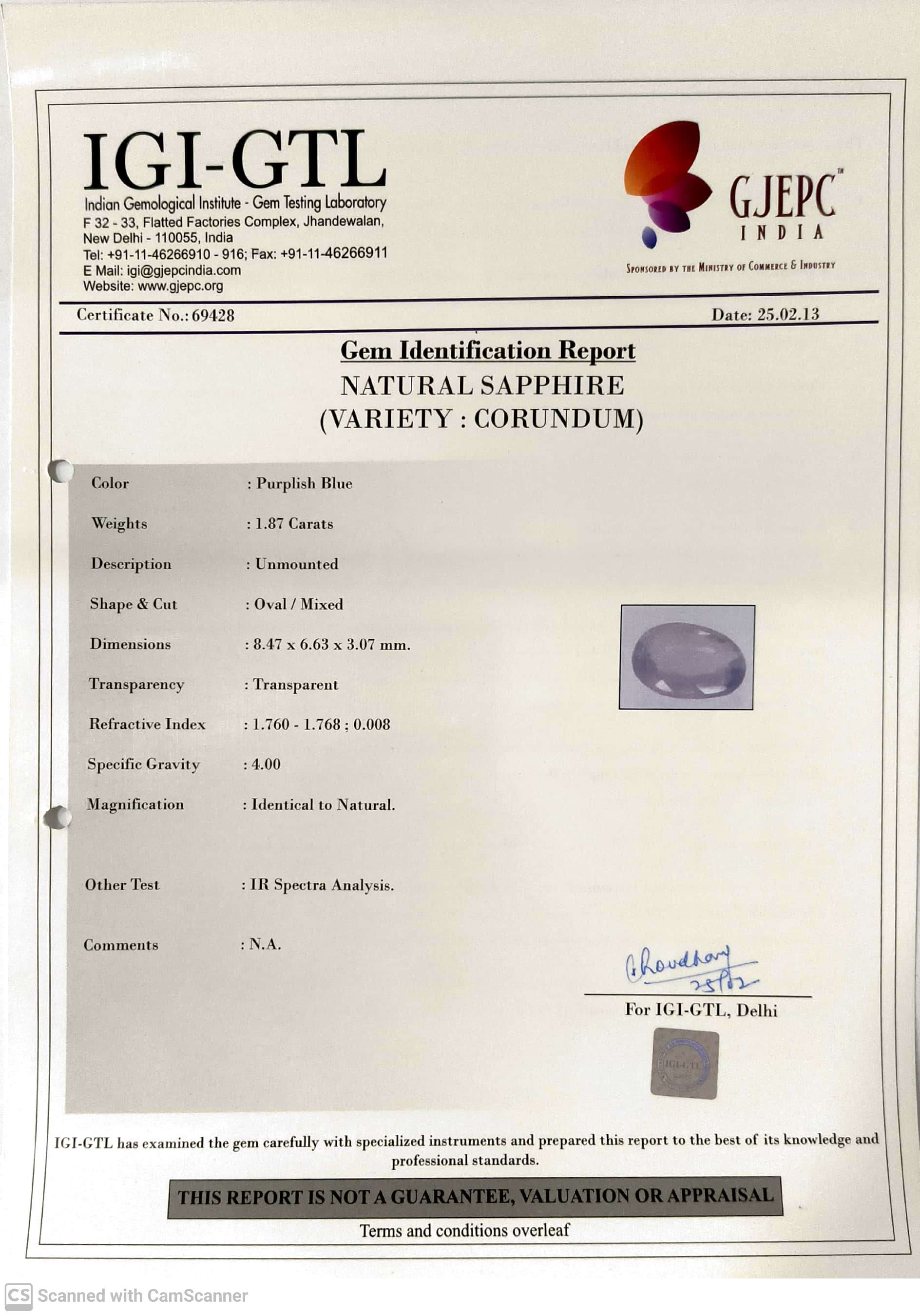 1.87/CT Natural Purple Sapphire with Govt Lab Certificate-69428