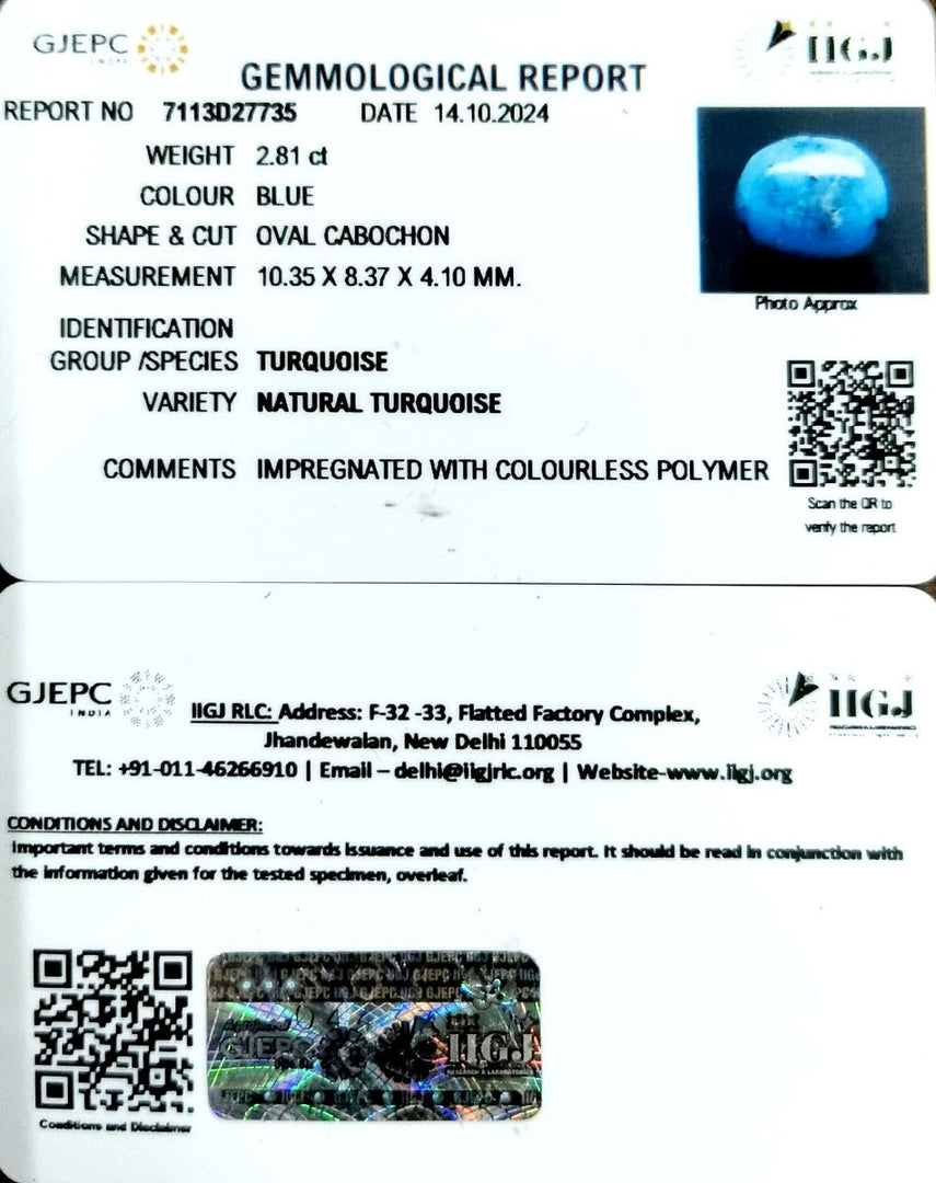 2.81/CT Natural Turquoise With Govt. Lab Certificate-1221