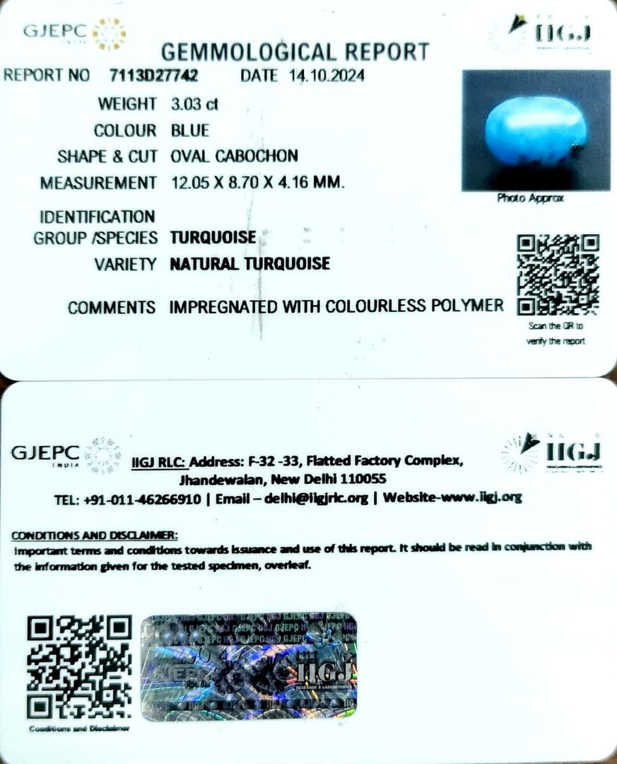 3.03/CT Natural Turquoise With Govt. Lab Certificate-1221