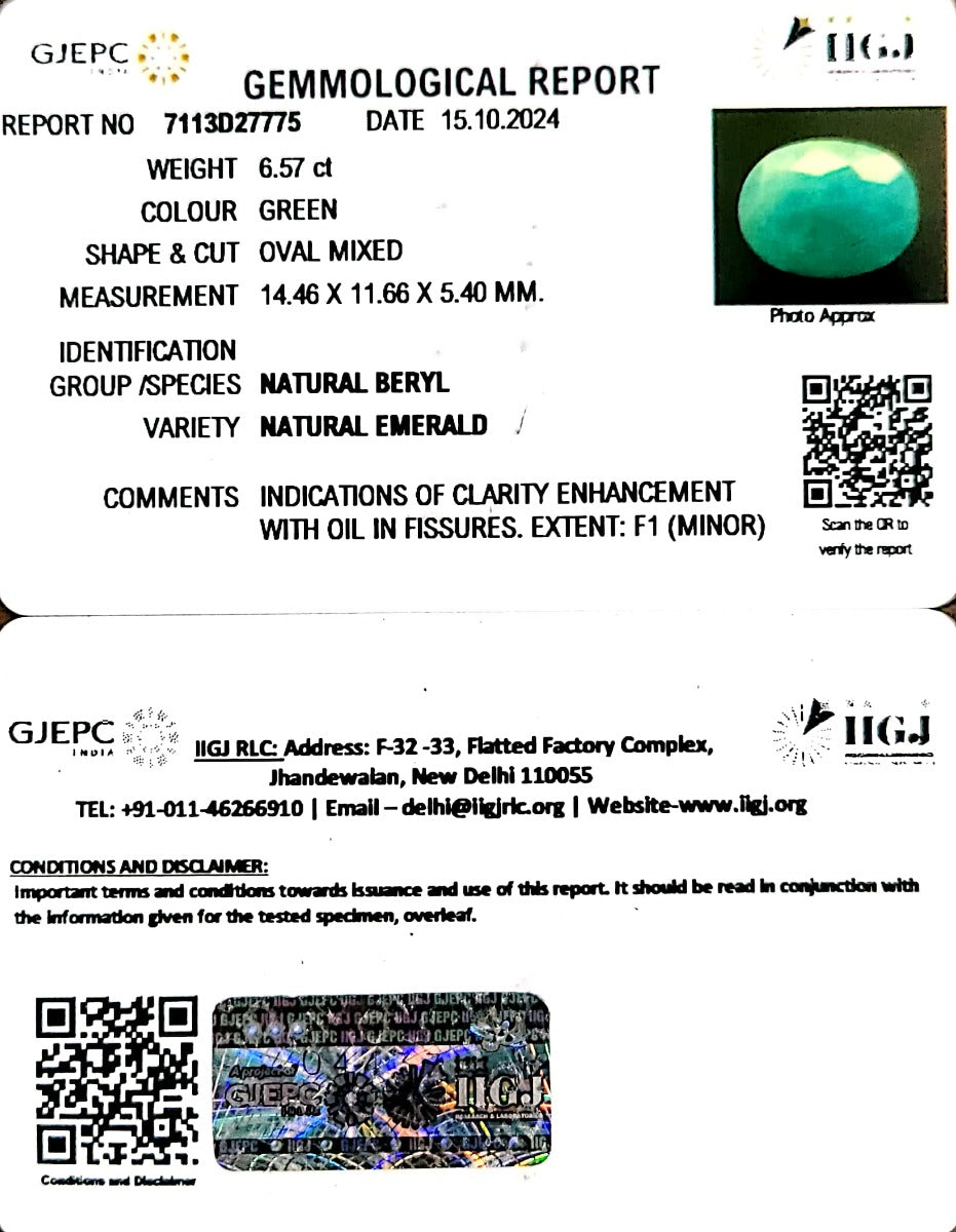 6.57/CT Natural Panna Stone with Govt. Lab Certificate-7113D27775