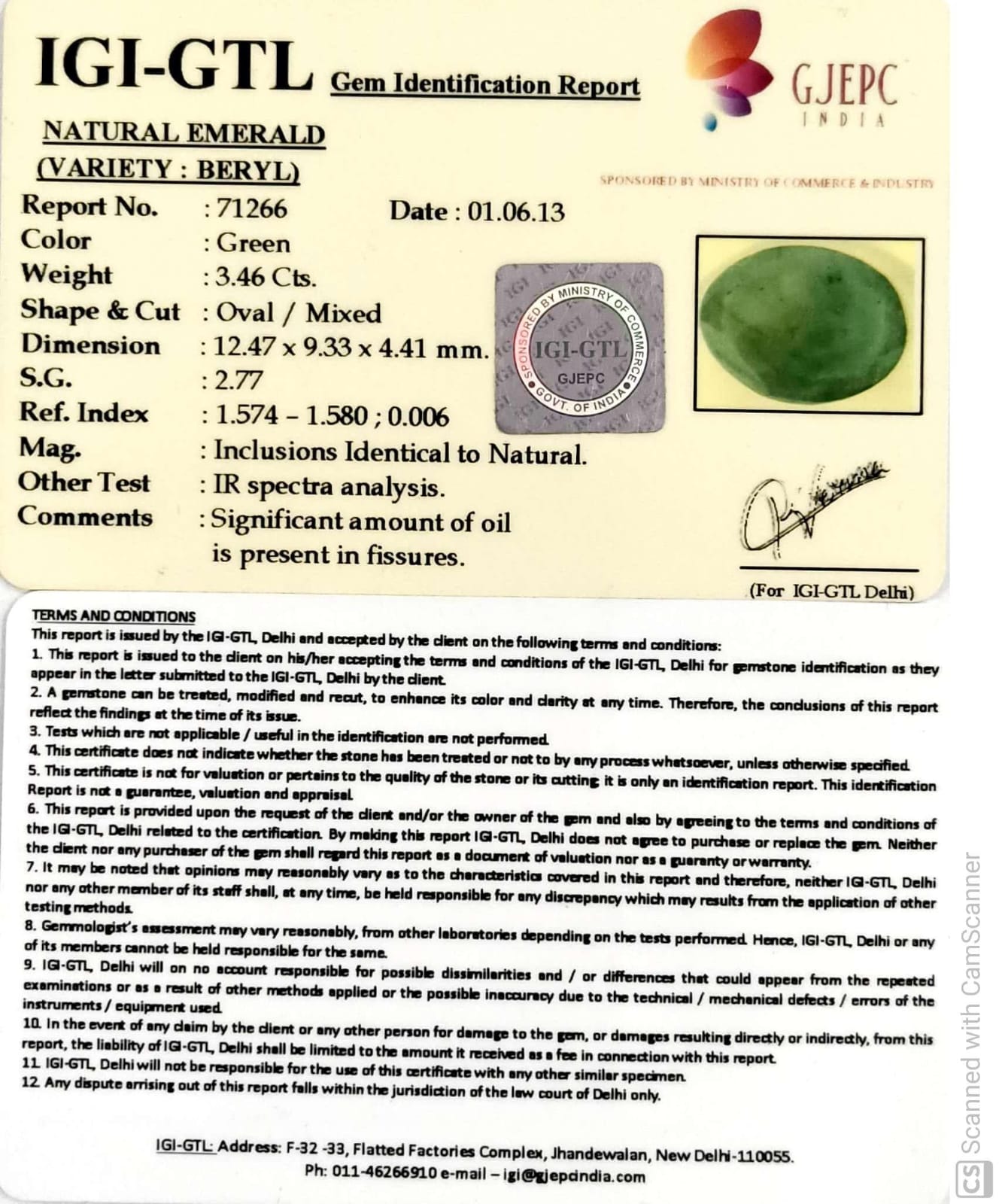 3.46/CT Natural Emerald Stone with Govt. Lab Certificate-71266