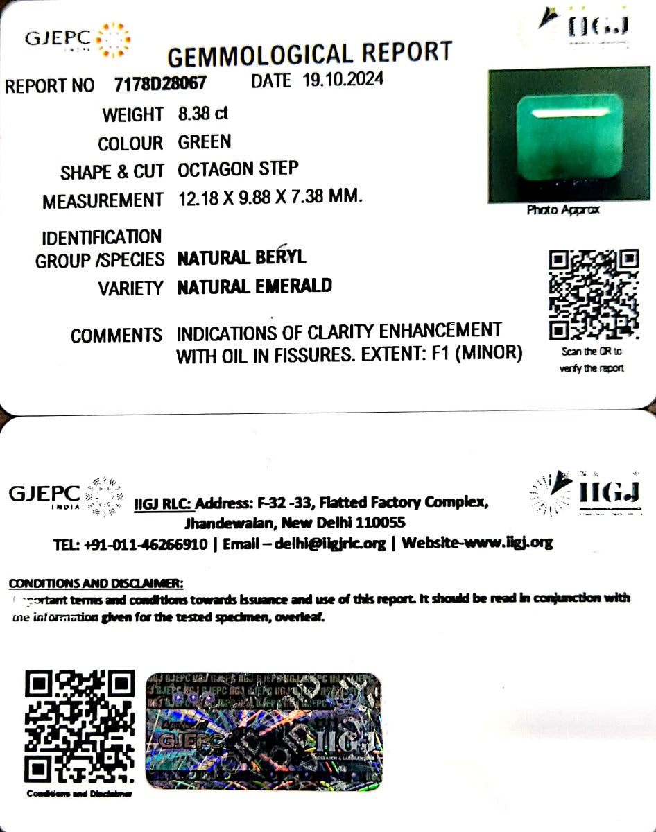 8.38/CT Natural Panna Stone of Super Premium Quality with Govt. Lab Certificate-7178D28067