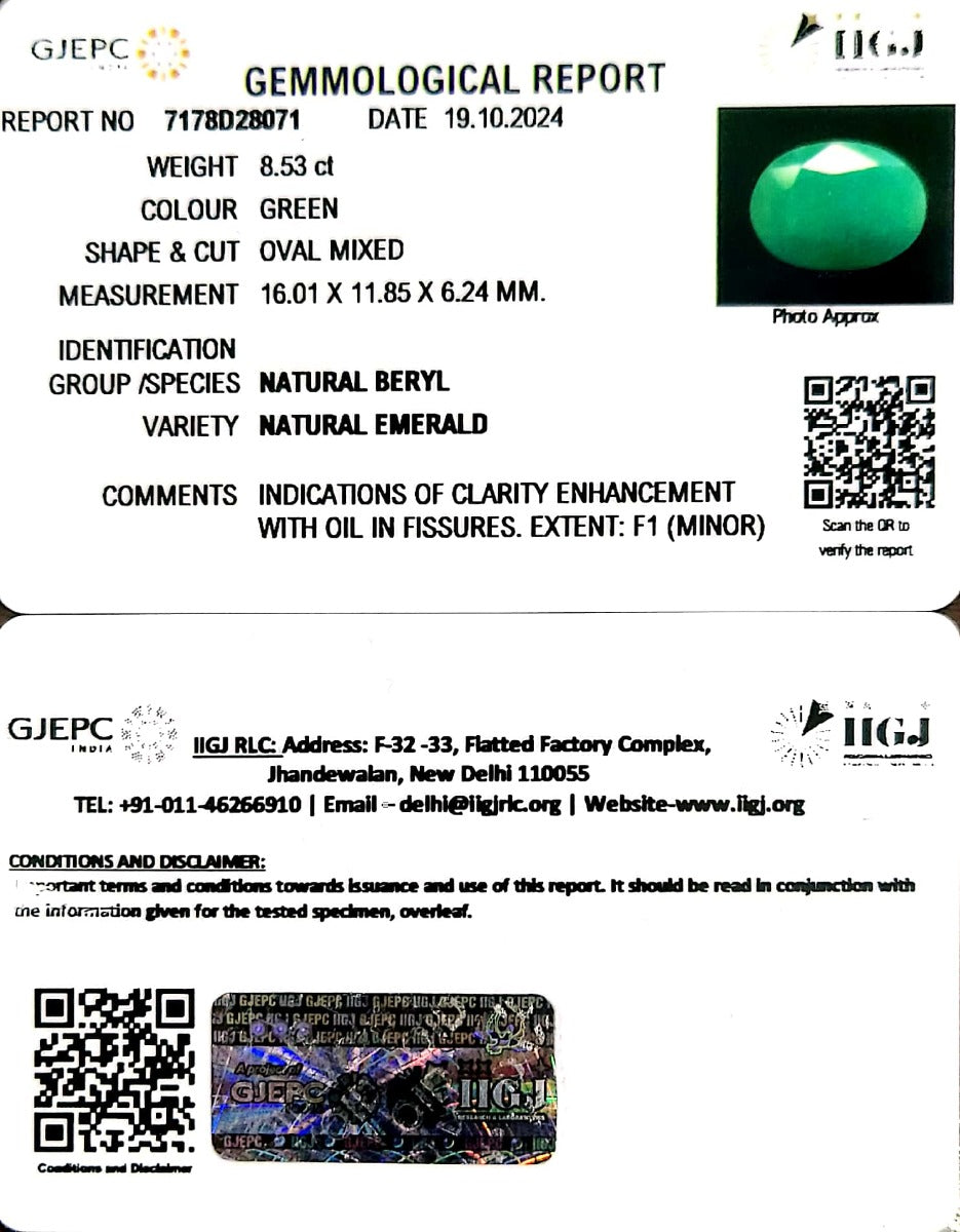 8.53/CT Natural Super Premium Panna Stone with Govt. Lab Certificate-7178D28071