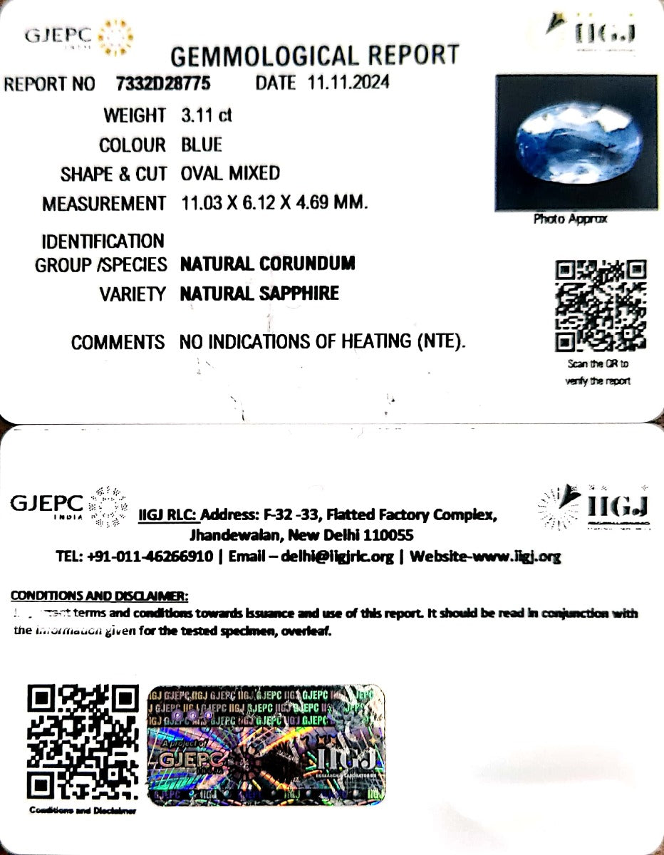 3.11/CT Natural Blue Sapphire with Govt Lab Certificate-34410