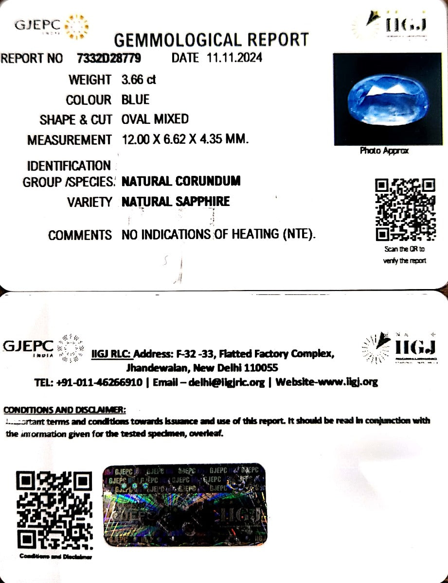 3.66/CT Natural Blue Sapphire with Govt Lab Certificate-34410