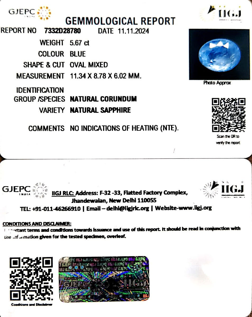 5.67/CT Natural Blue Sapphire with Govt Lab Certificate-16650