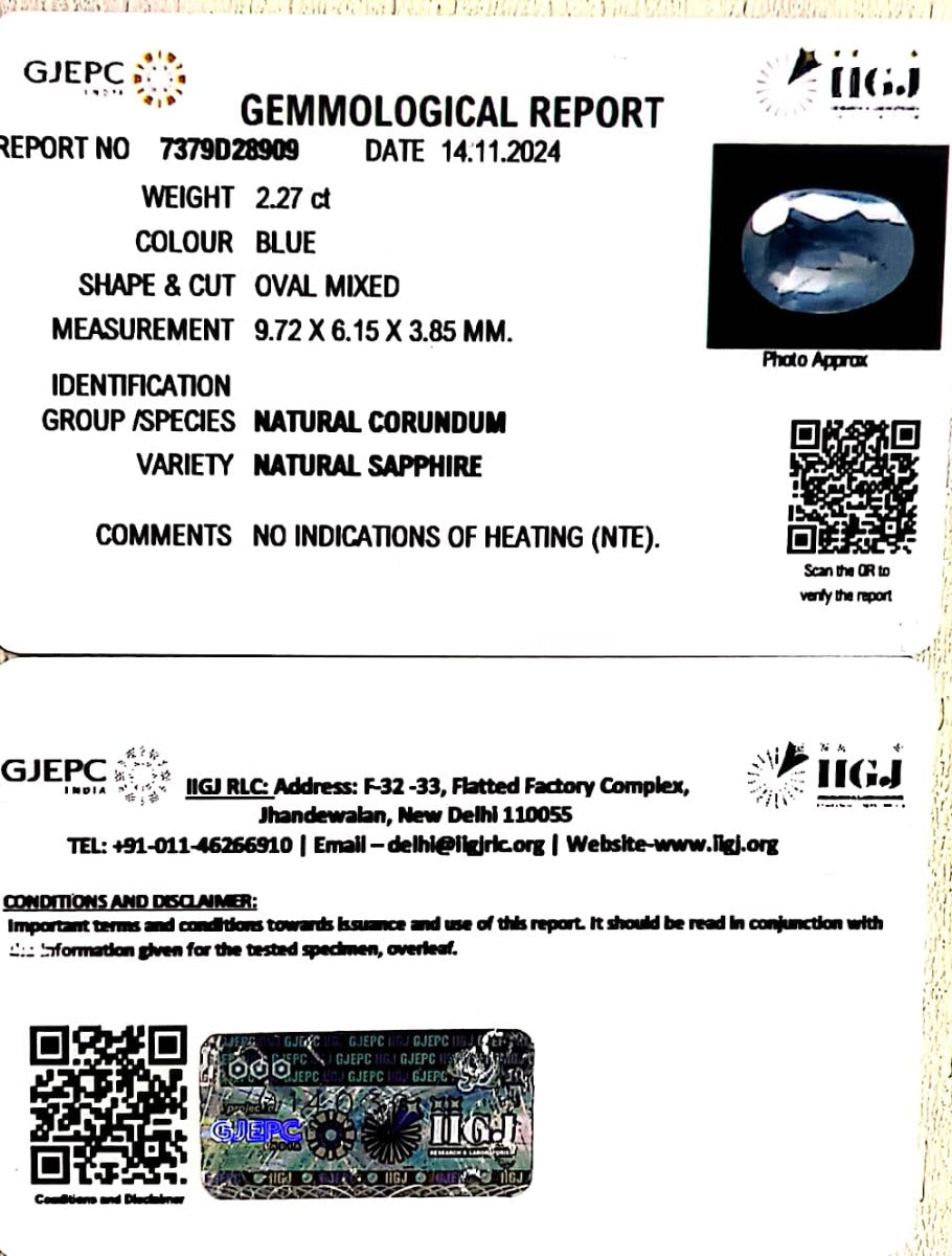 2.27/CT Natural Blue Sapphire with Govt Lab Certificate-16650