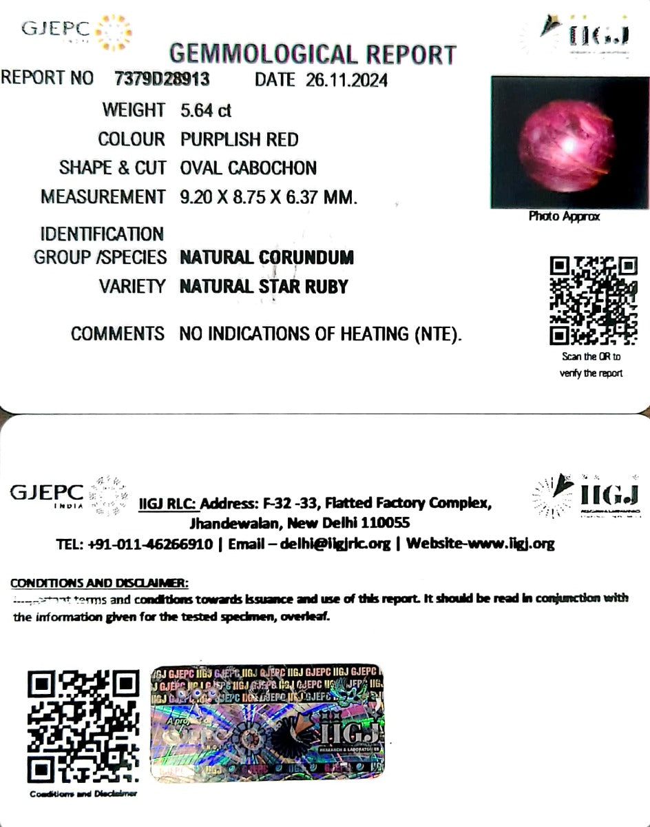 5.64/CT Natural Star Ruby with Govt. Lab Certificate-5661