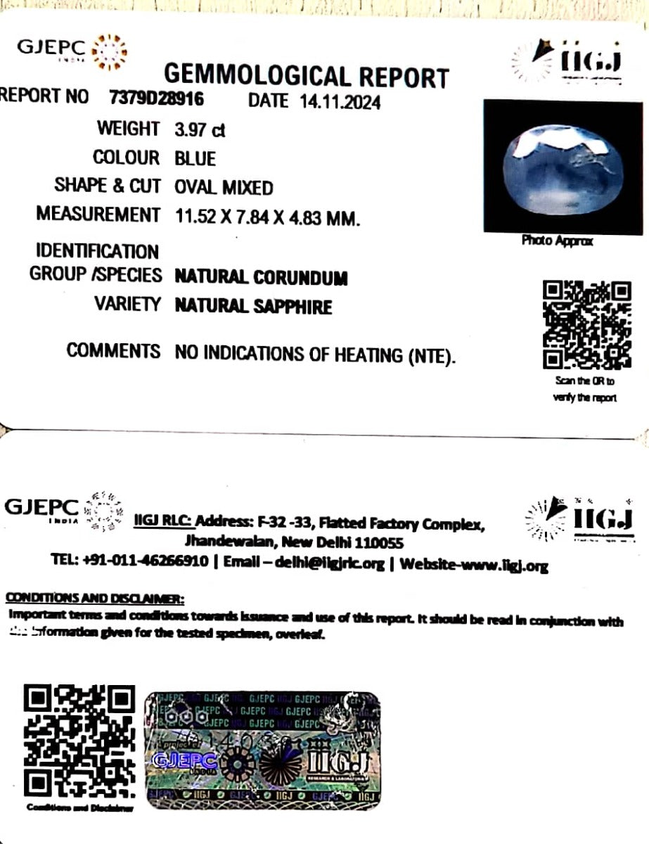 3.97/CT Natural Blue Sapphire with Govt Lab Certificate-6771