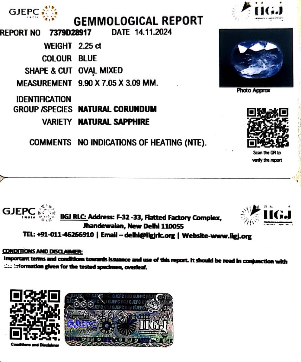 2.25/CT Natural Blue Sapphire with Govt Lab Certificate-16650