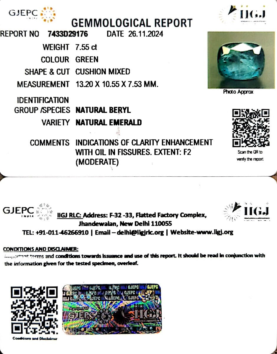 7.55/CT Natural Panna Stone with Govt. Lab Certificate-23310