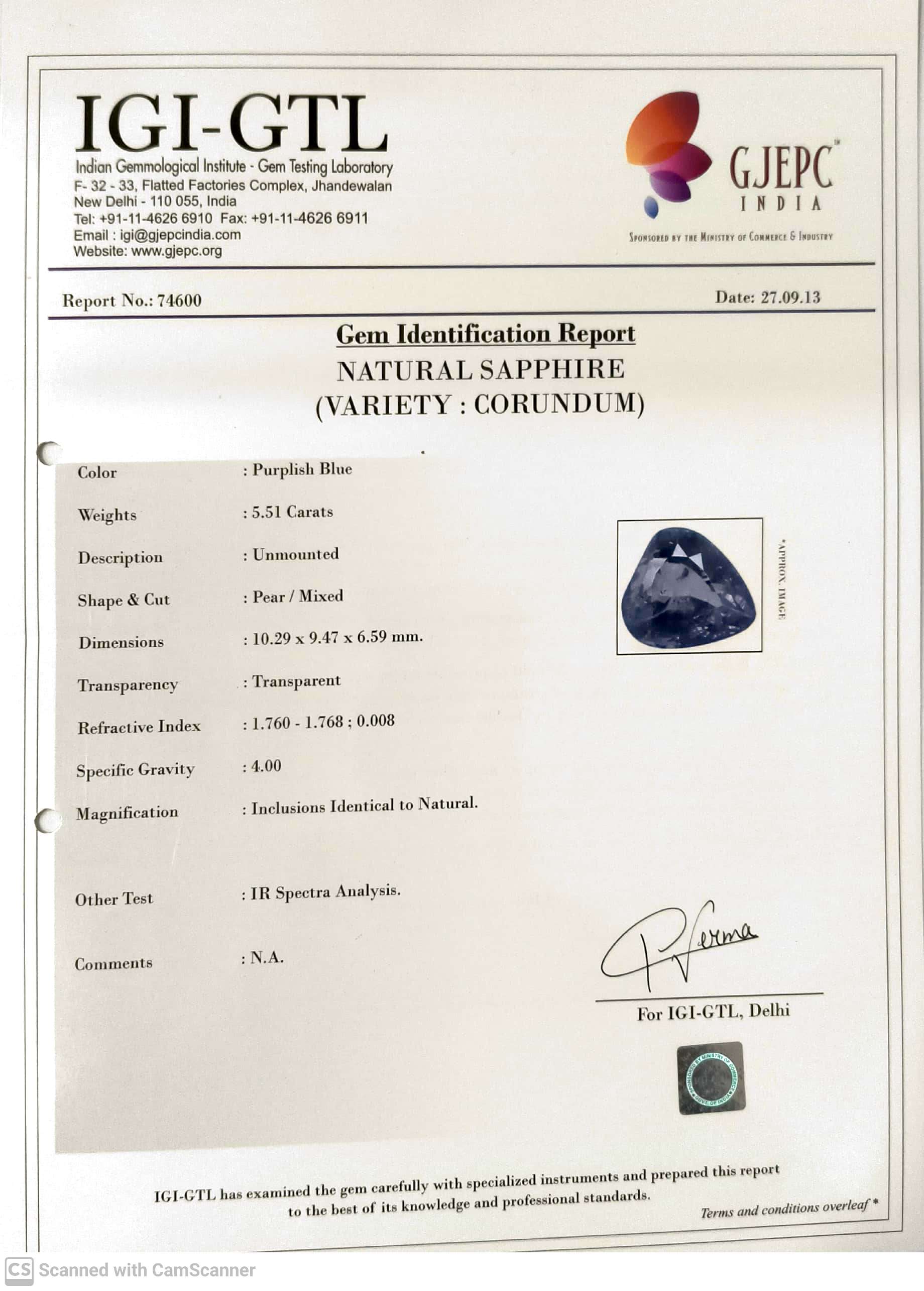 5.51/CT Natural Purple Sapphire with Govt. Lab Certificate-74600