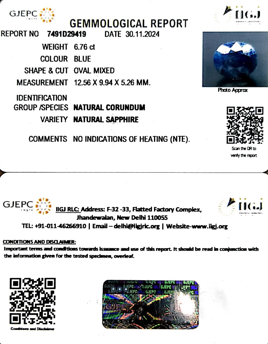 6.76/CT Natural Blue Sapphire with Govt Lab Certificate-2331