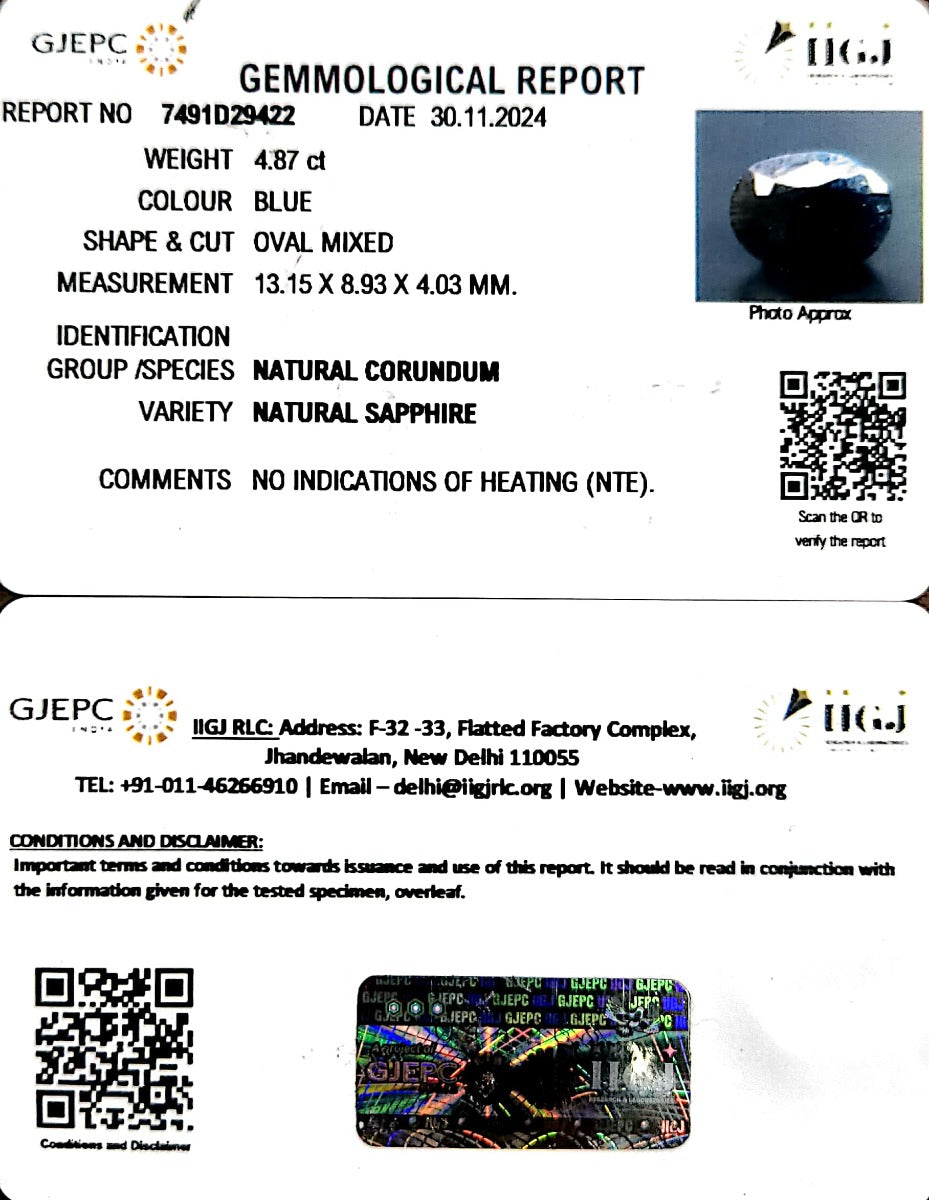 4.87/CT Natural Blue Sapphire with Govt Lab Certificate-2331