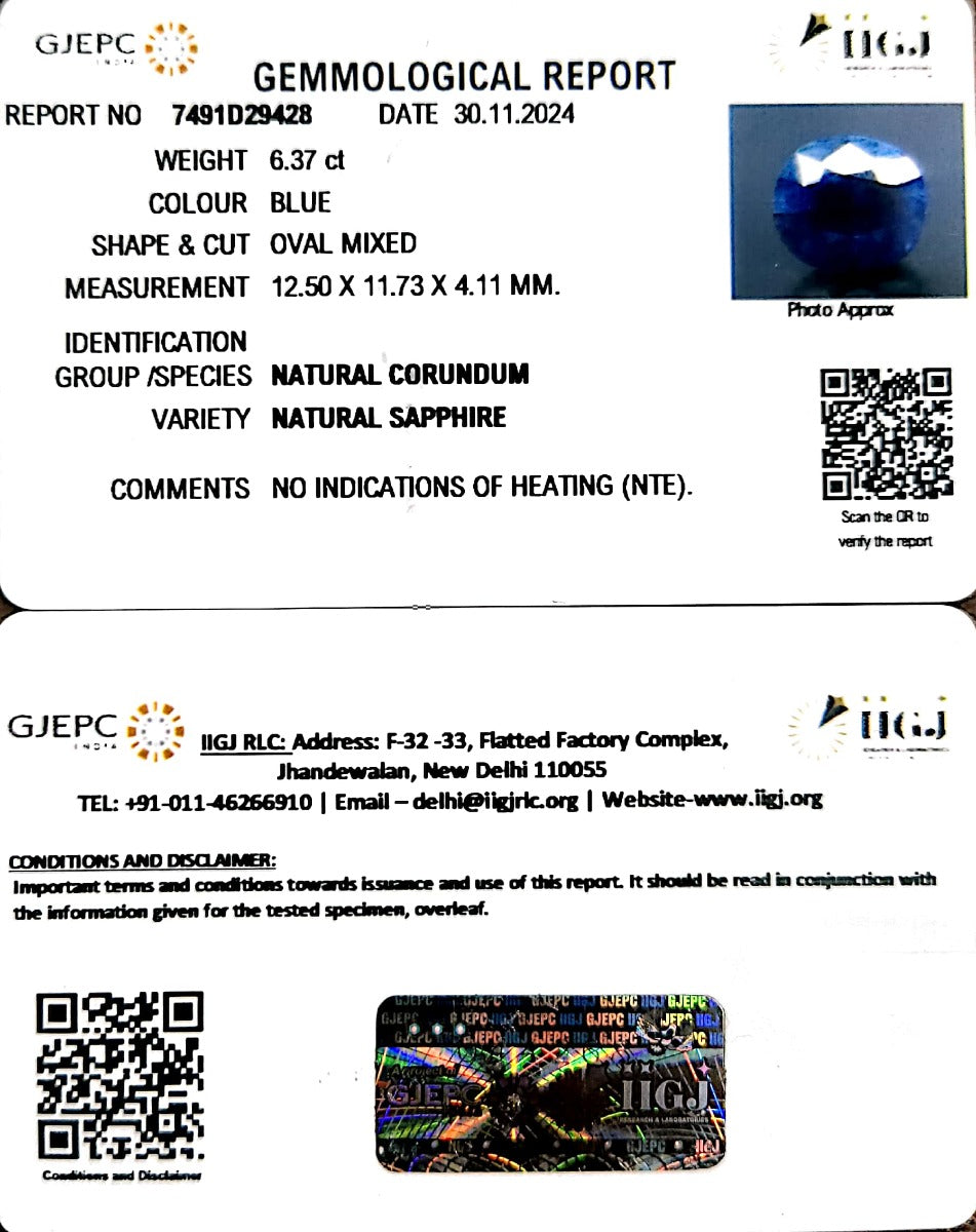 6.37/CT Natural Blue Sapphire with Govt Lab Certificate-2331