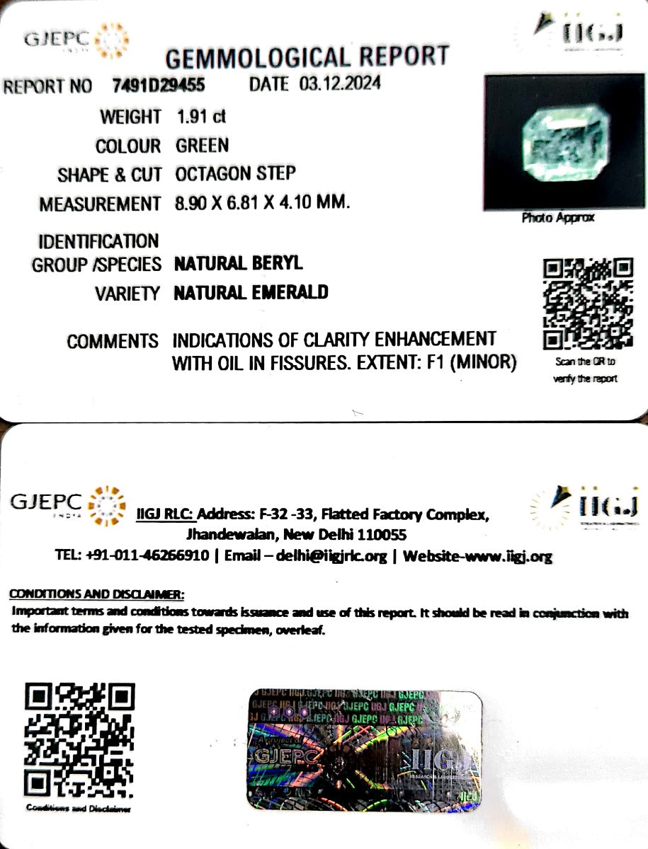 1.91/CT Natural Panna Stone with Govt. Lab Certificate-12210