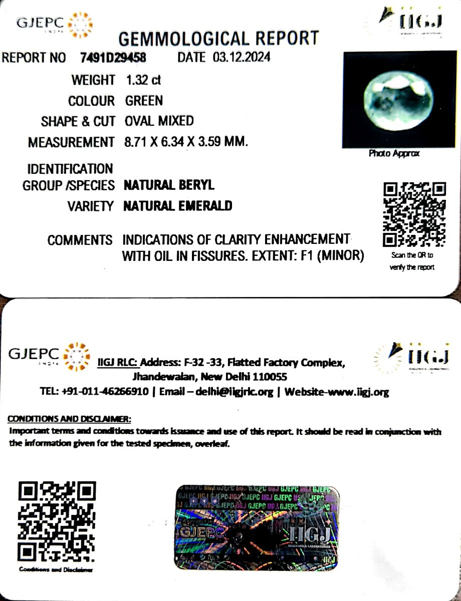 1.32/CT Natural Panna Stone with Govt. Lab Certificate-12210
