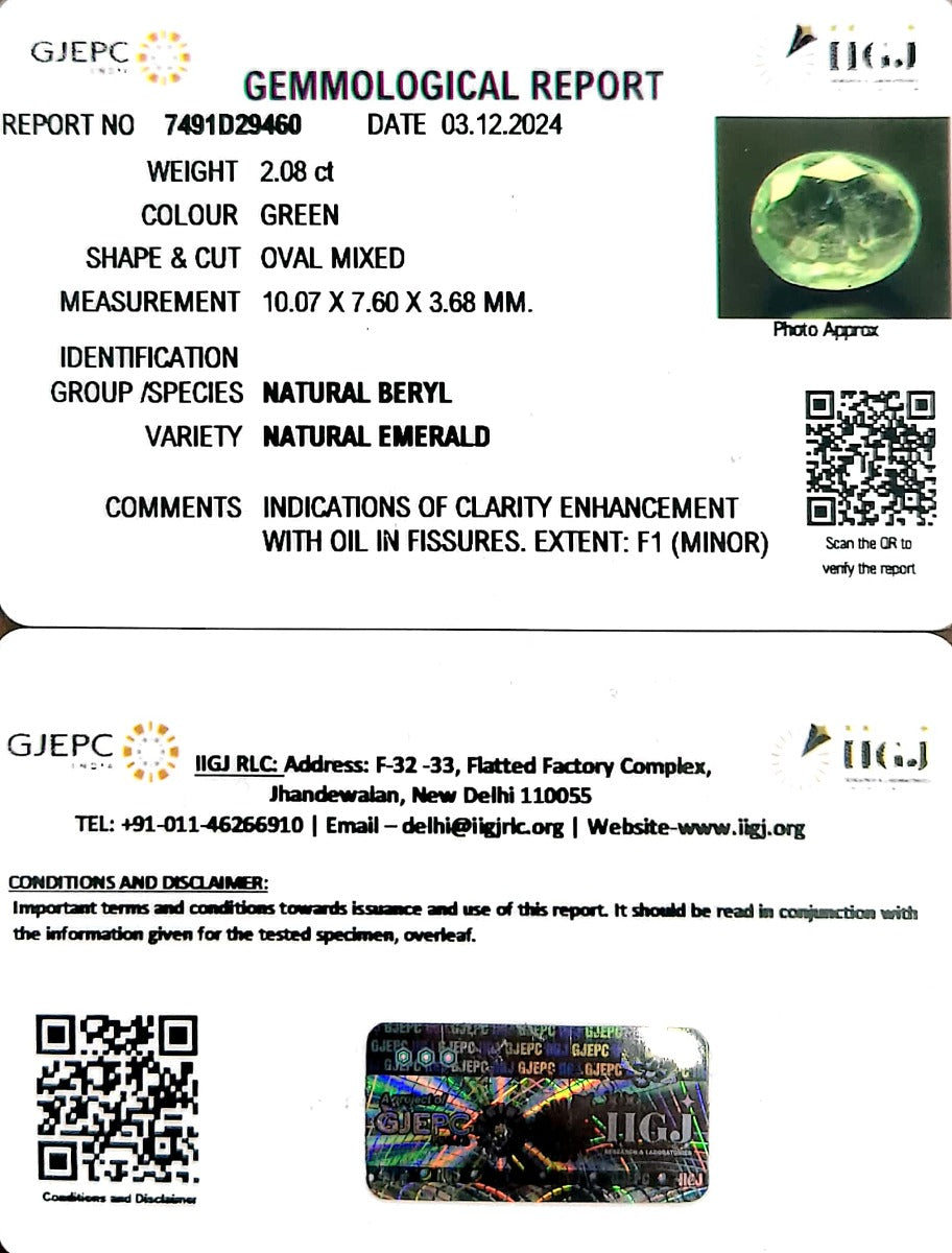 2.08/CT Natural Panna Stone with Govt. Lab Certificate-12210