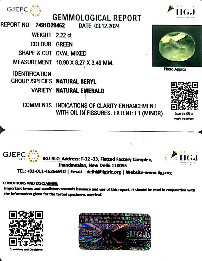 2.22/CT Natural Panna Stone with Govt. Lab Certificate-6771