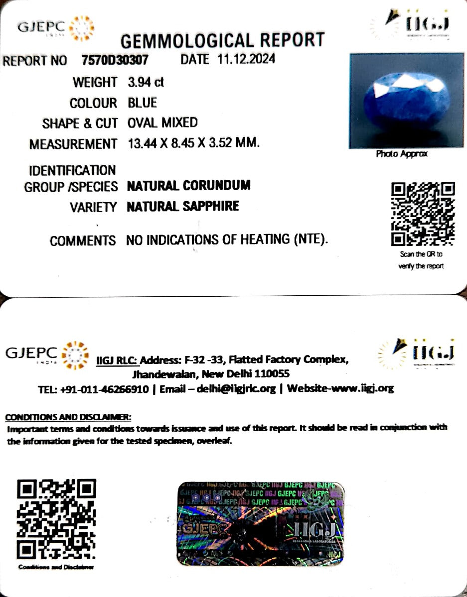 3.94/CT Natural Blue Sapphire with Govt Lab Certificate-2331