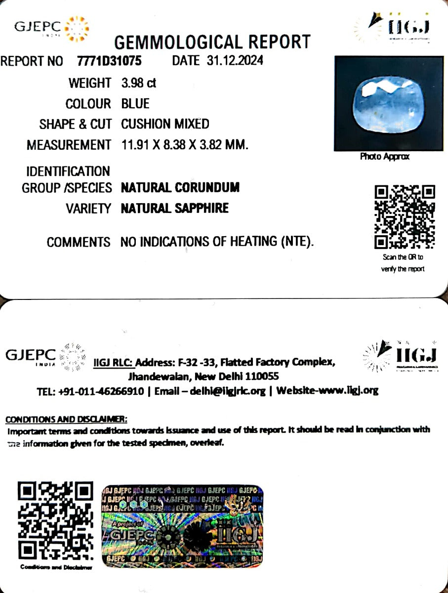 3.68/CT Natural Blue Sapphire with Govt Lab Certificate-6771