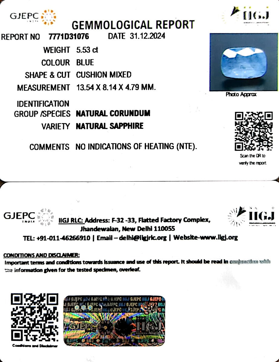 5.53/CT Natural Blue Sapphire with Govt Lab Certificate-7771D31076