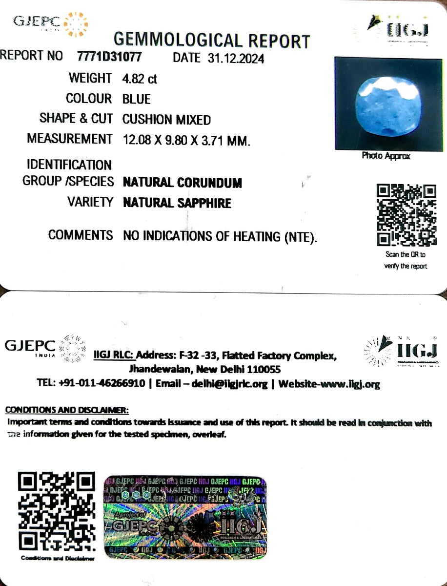 4.82/CT Natural Blue Sapphire with Govt Lab Certificate-7771D31077