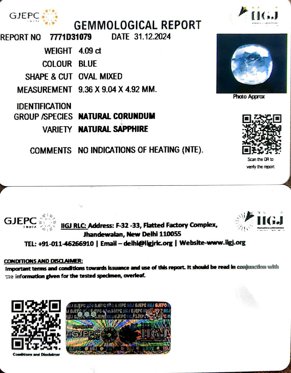 4.09/CT Natural Blue Sapphire with Govt Lab Certificate-23310