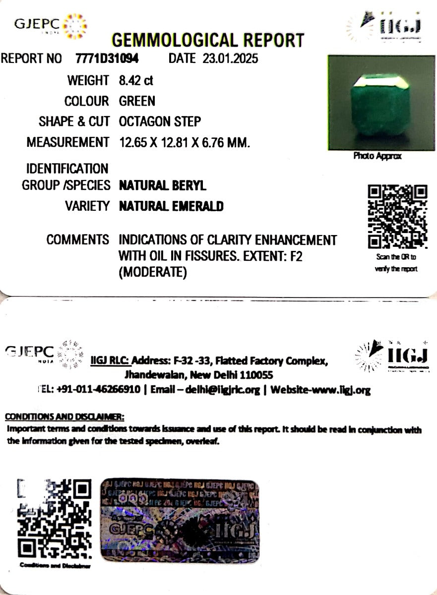 8.42/CT Natural Panna Stone with Govt. Lab Certificate-12210