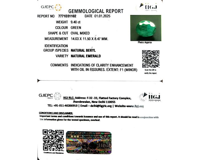 9.40/CT Natural Panna Stone with Govt. Lab Certificate-12210