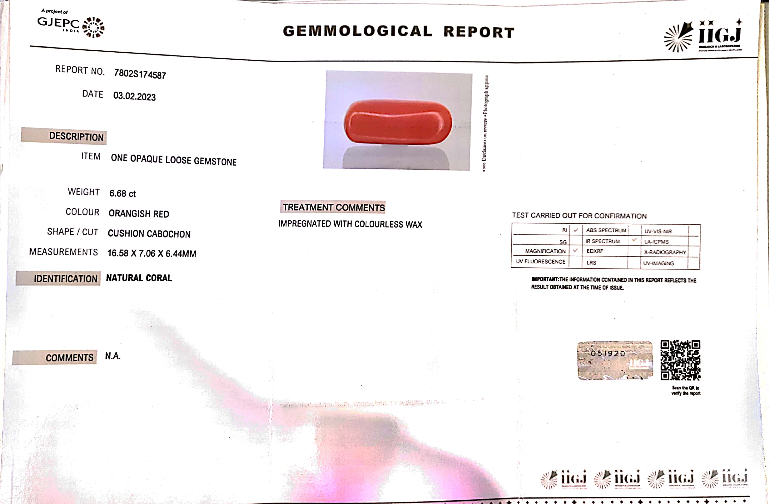 6.68/CT Natural Red Coral With Govt. Lab Certificate-7802S174587