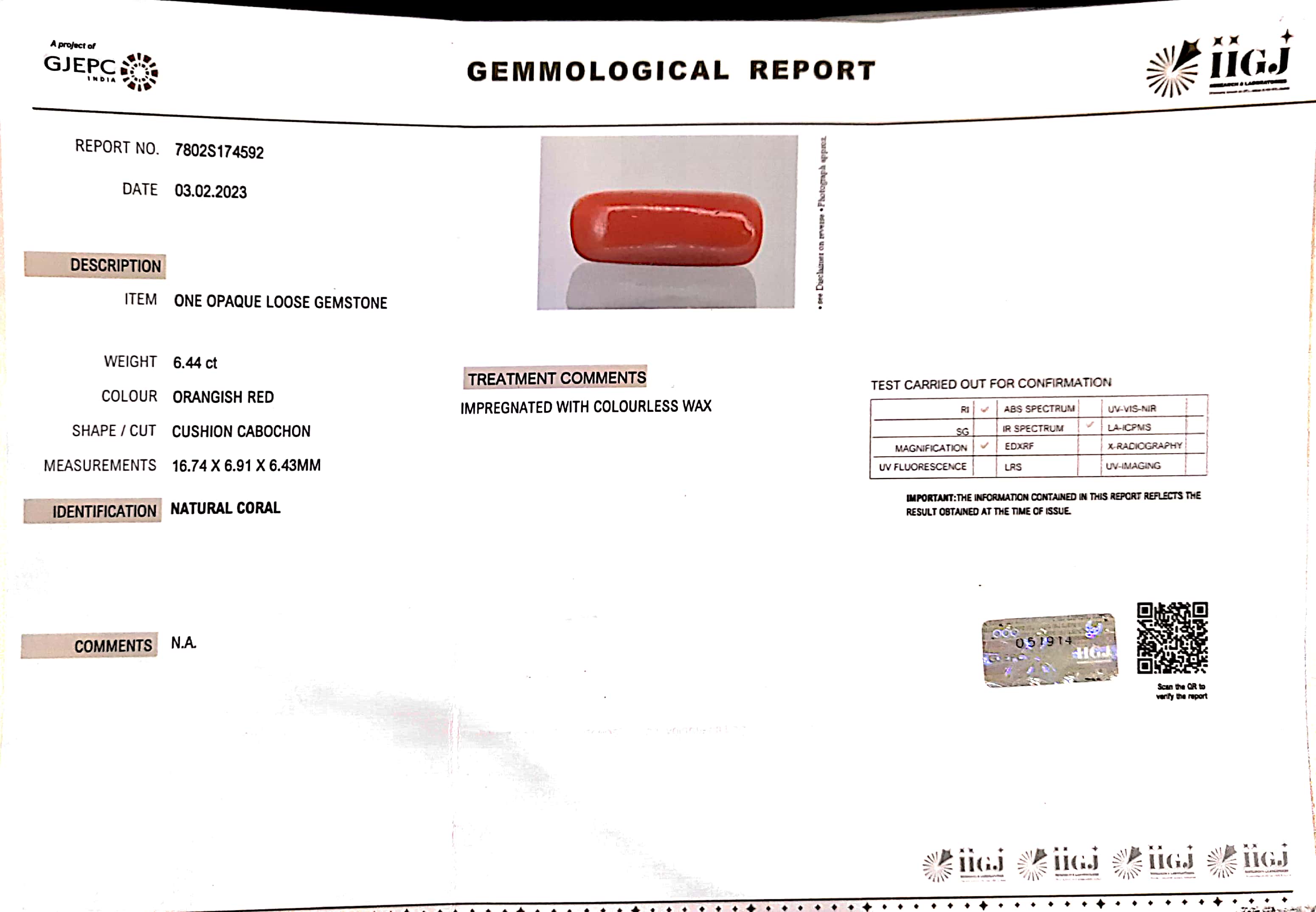 6.44/CT Natural Red Coral With Govt. Lab Certificate