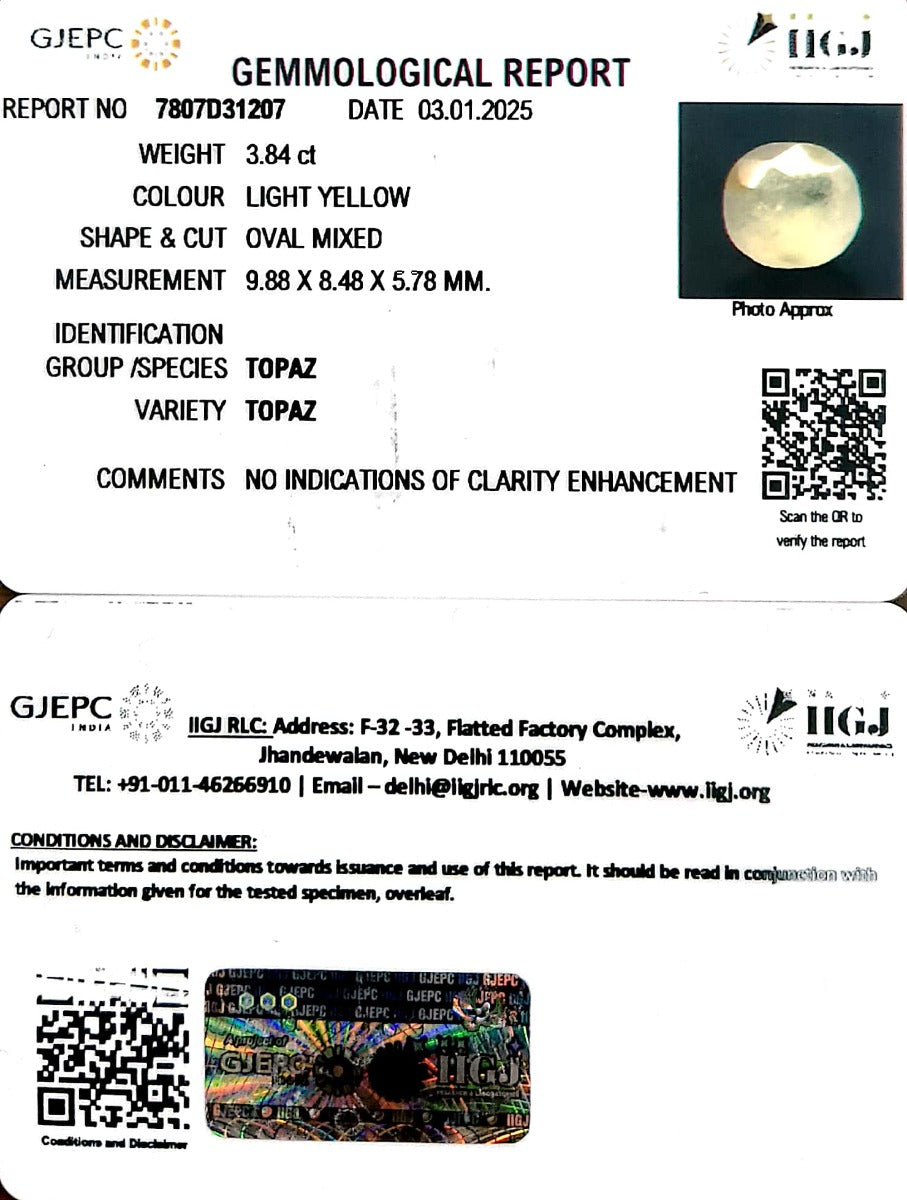3.84/CT Natural Ceylonese Pukhraj with Govt Lab Certificate-6771