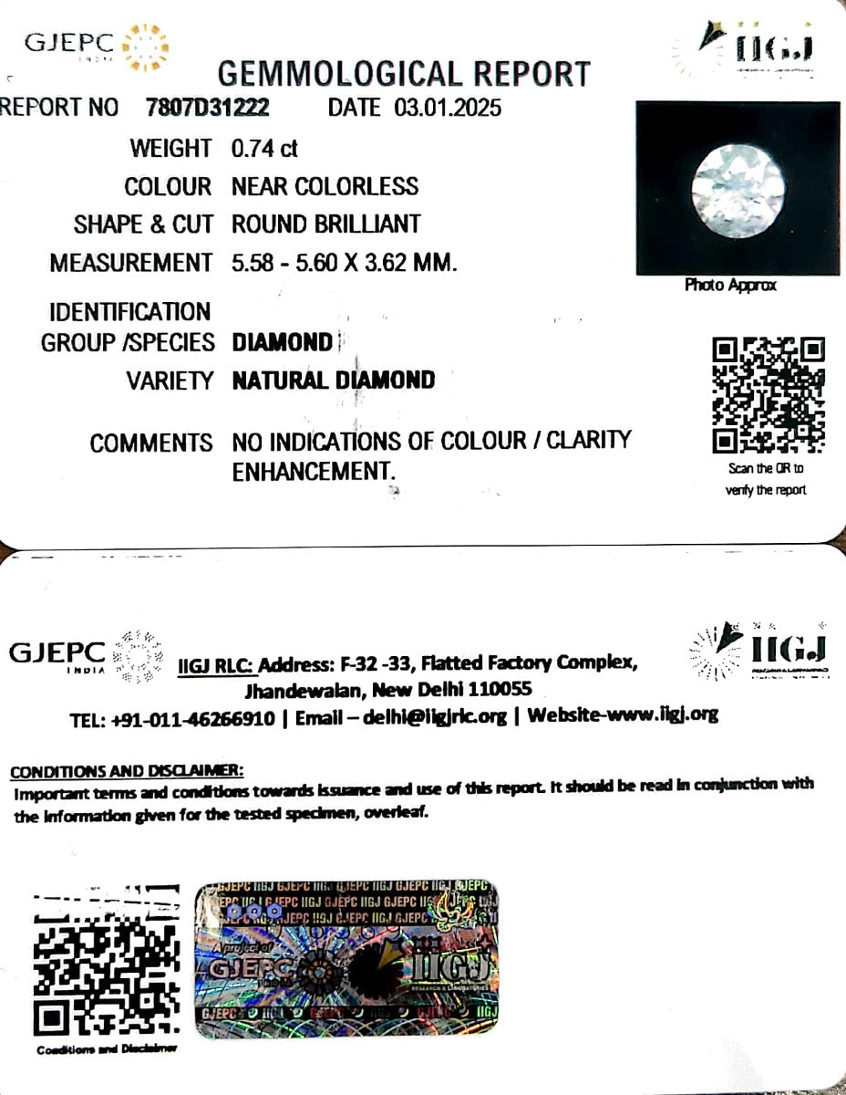 0.74/Cents Natural Diamond with Govt. Lab Certificate-120000