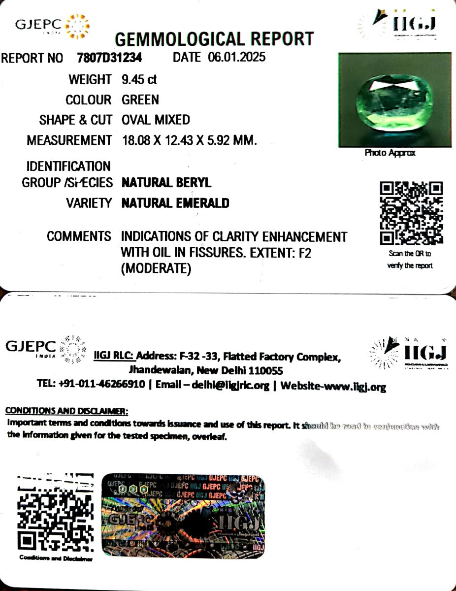 9.45/CT Natural Panna Stone with Govt. Lab Certificate-23310