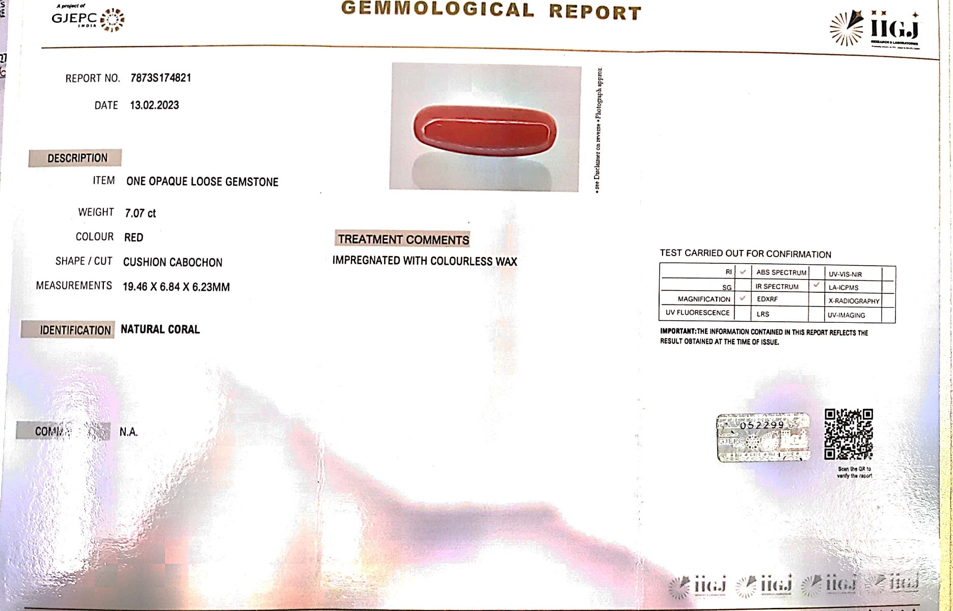 7.07/Carat Natural Cylindrical Red Coral (1800)