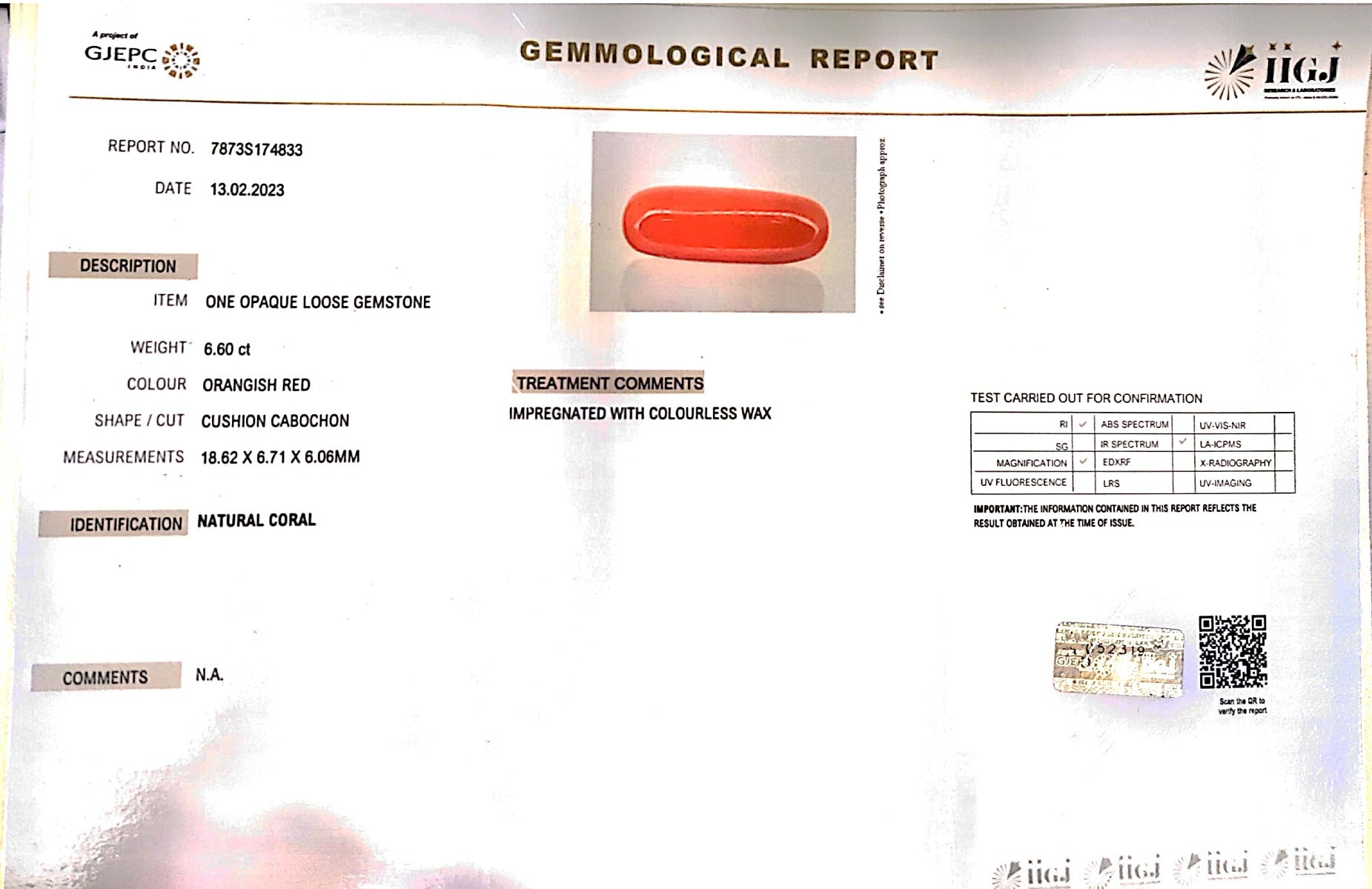 6.60/Carat Natural Cylindrical Red Coral (1800)