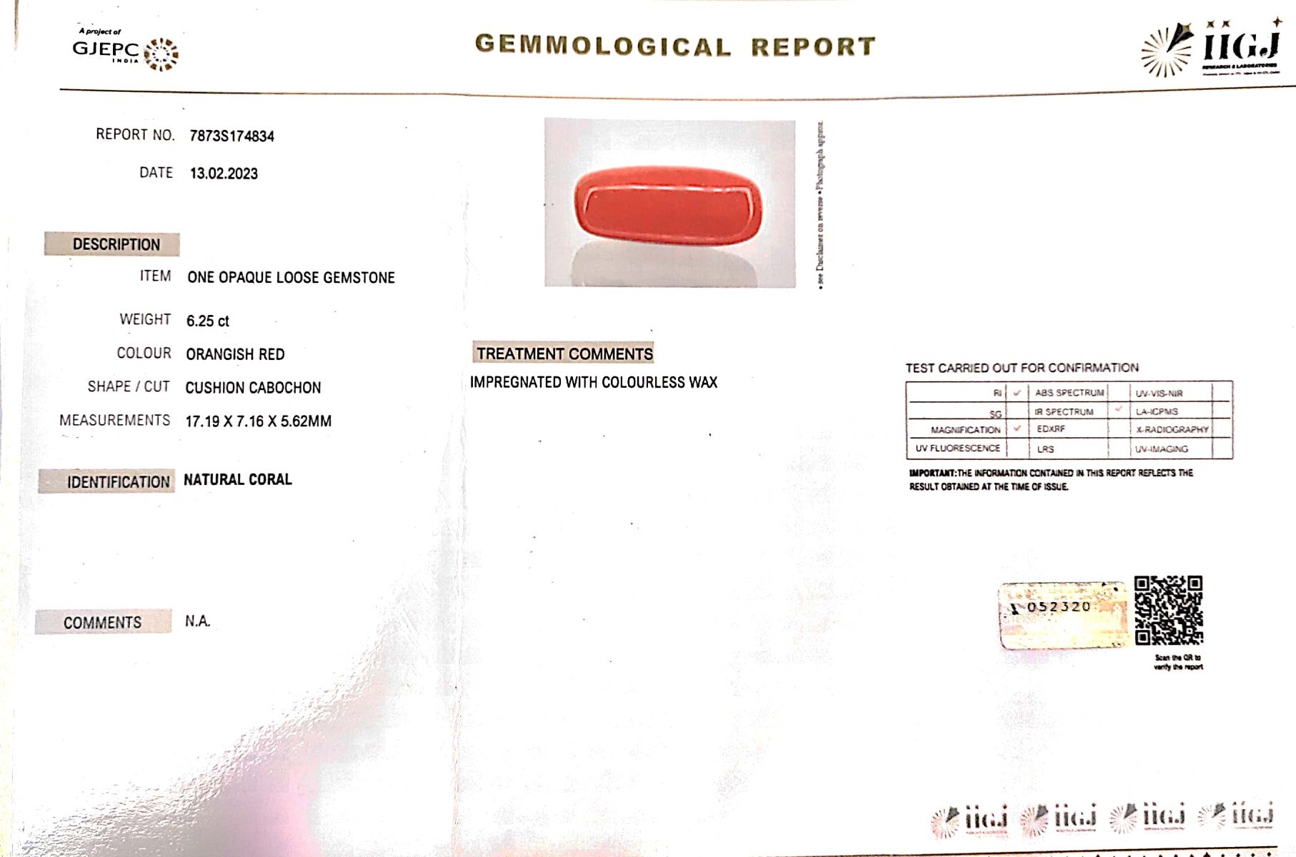 6.25/CT Natural Cylindrical Red Coral