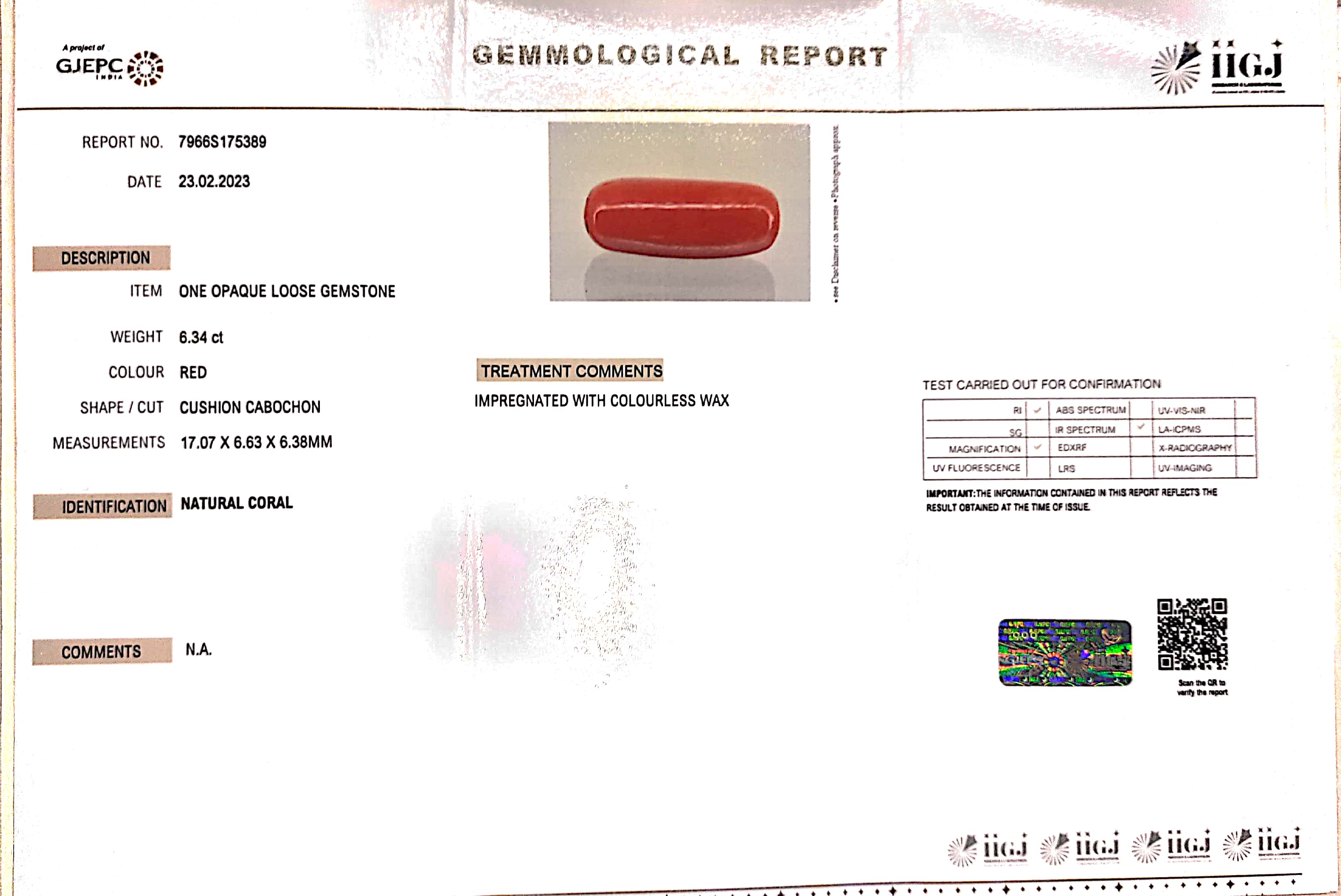 6.34/CT Natural Red Coral With Govt. Lab Certificate