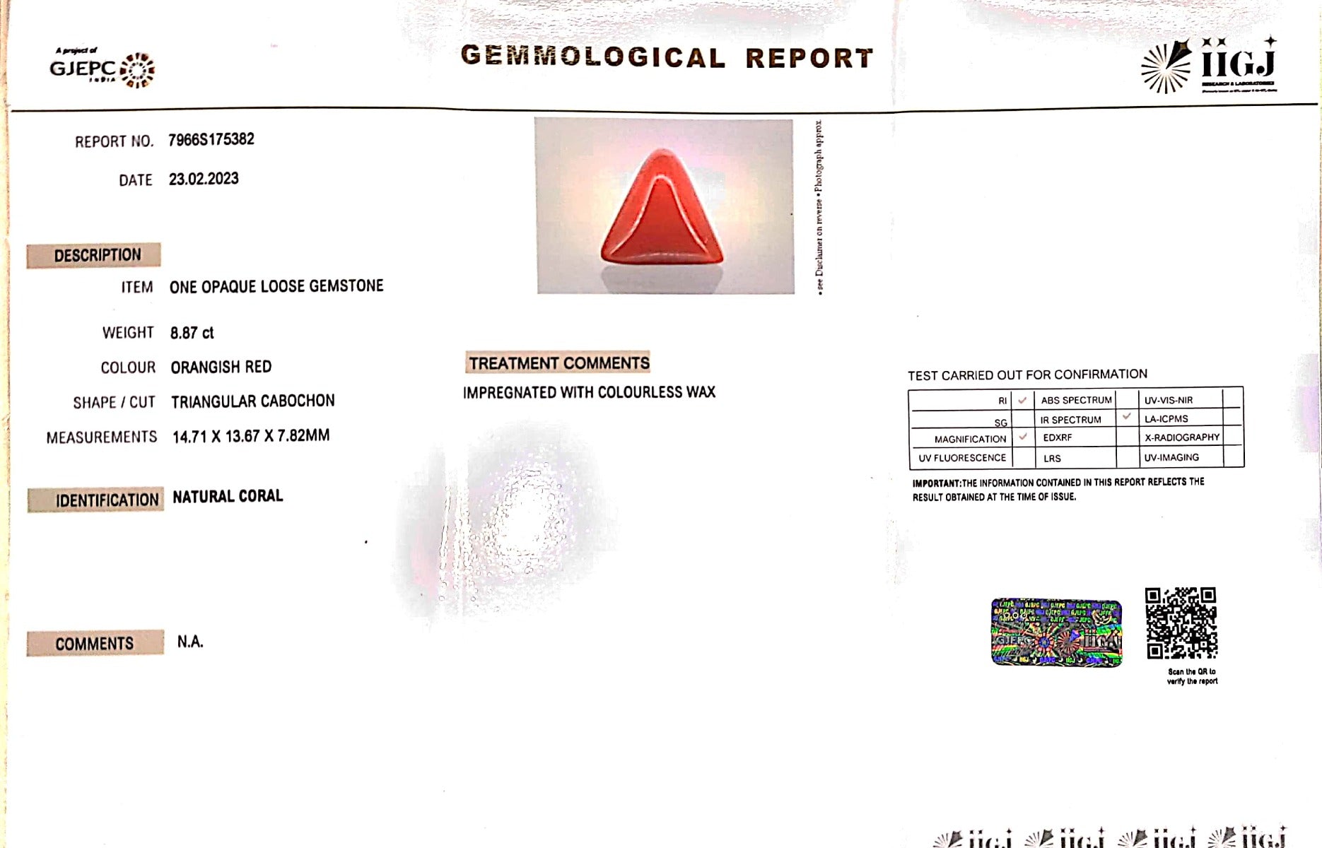 8.87/Carat Natural Triangular Red Coral (2150)