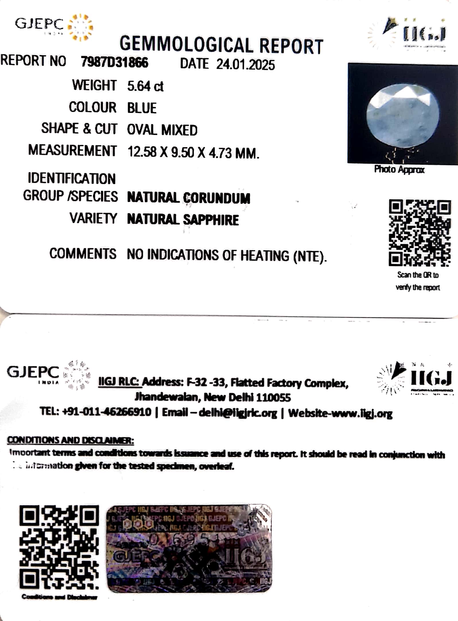 5.63 Carat Natural Blue Sapphire With Govt Lab Certificate - 7987D31866