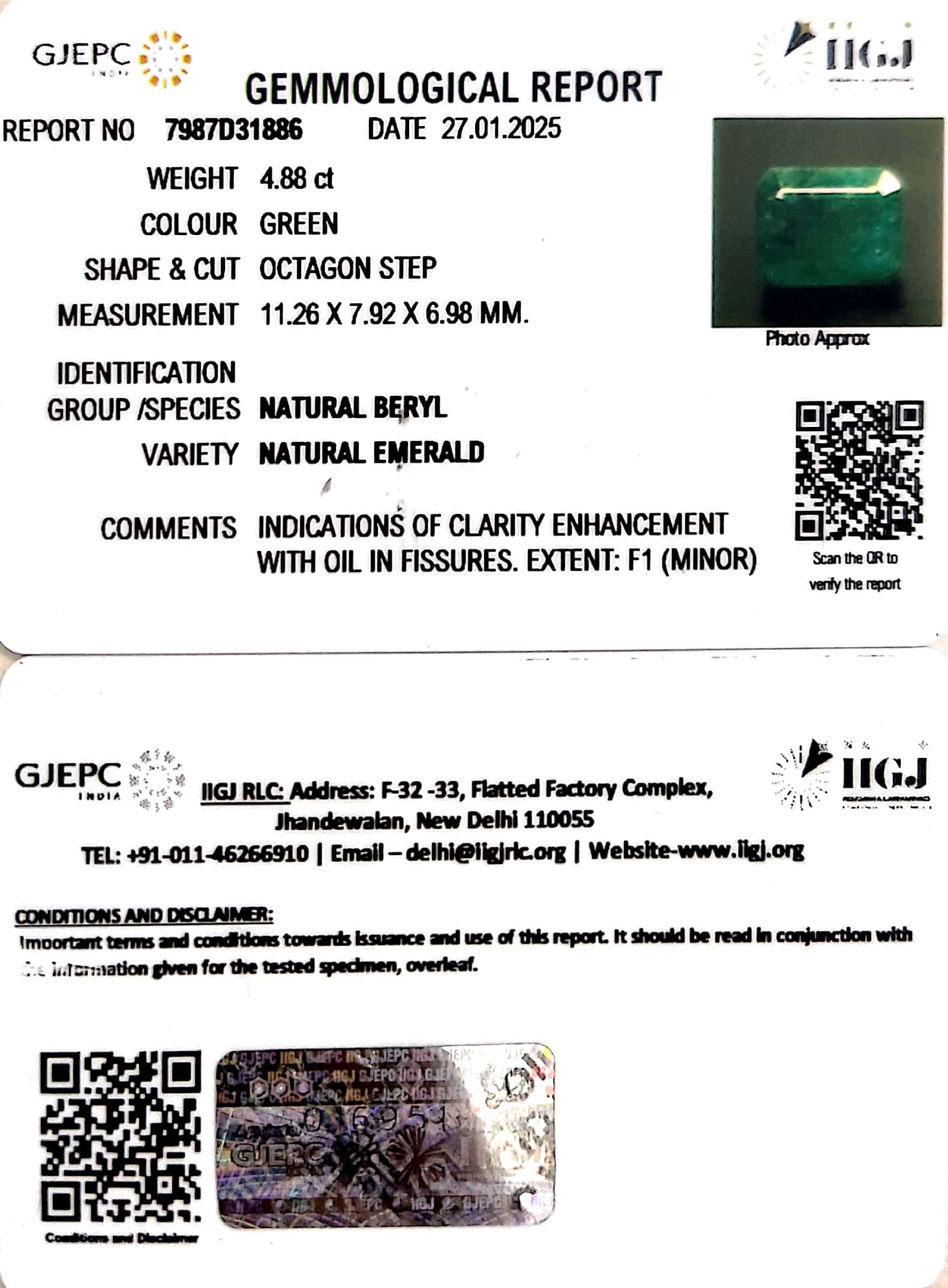 4.88/CT Natural Panna Stone with Govt. Lab Certificate