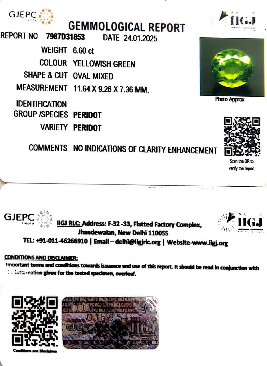 6.60/CT Natural Peridot With Govt. Lab Certificate-5661