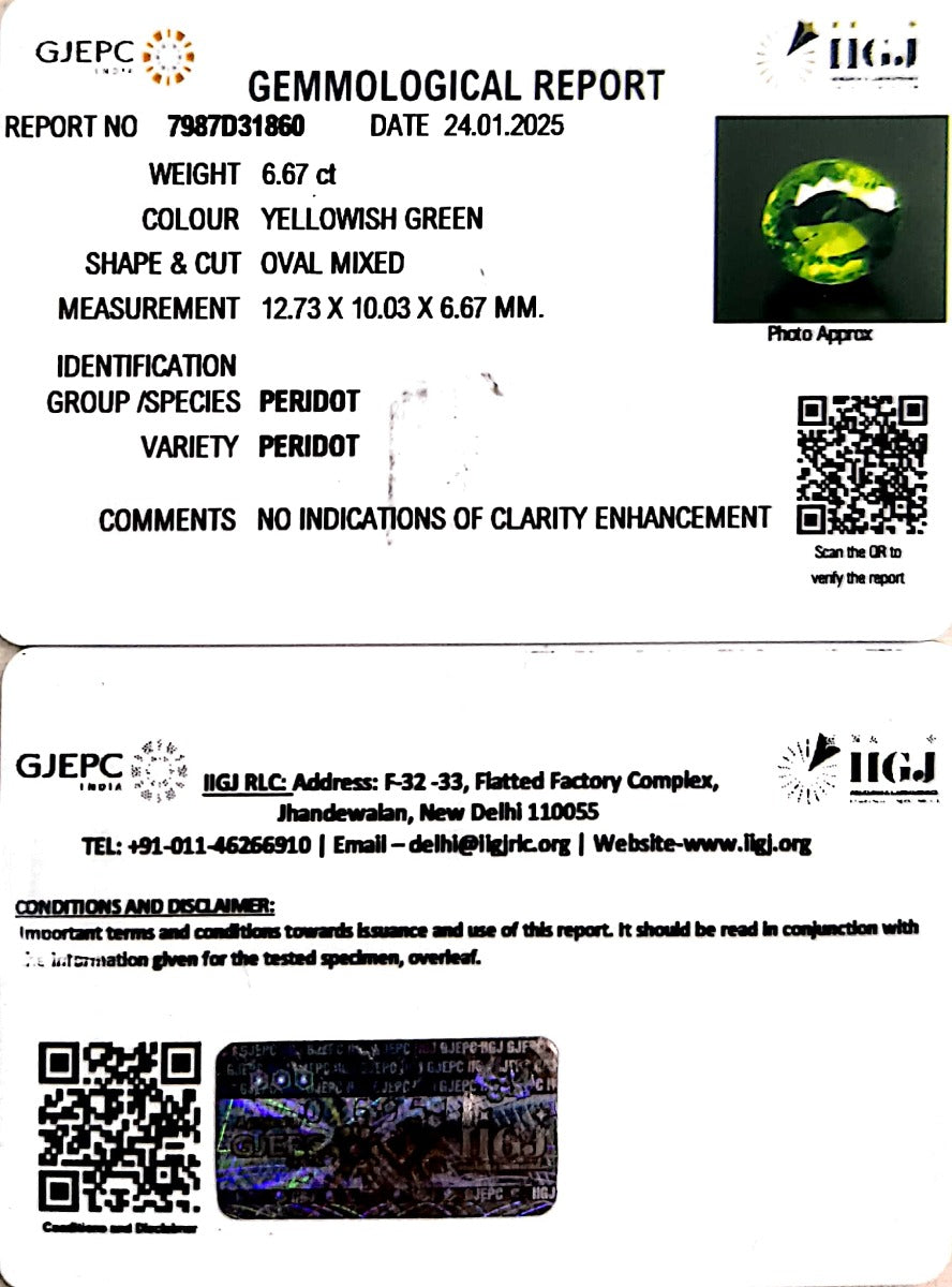 6.67/CT Natural Peridot With Govt. Lab Certificate-5661