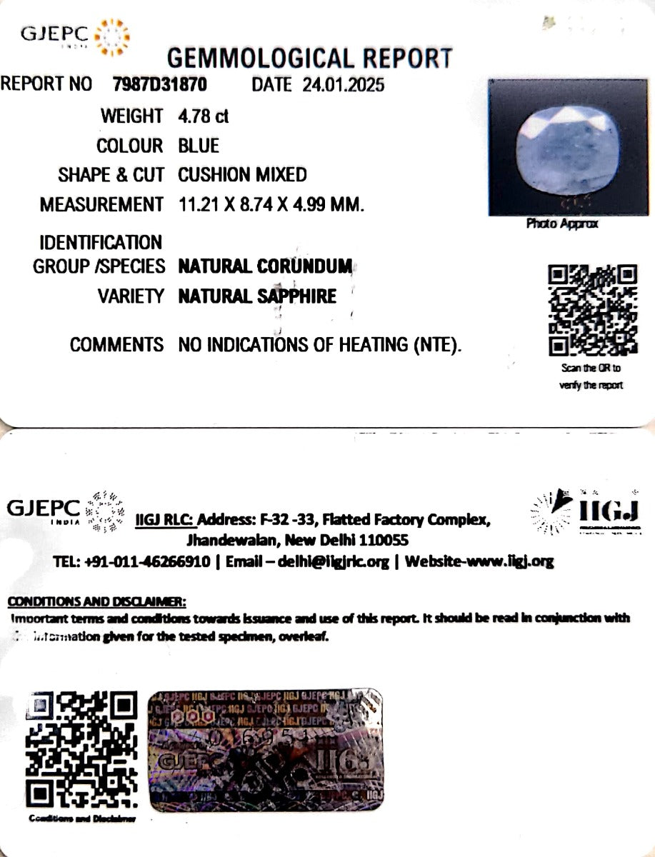 4.78/CT Natural Blue Sapphire with Govt Lab Certificate-6771