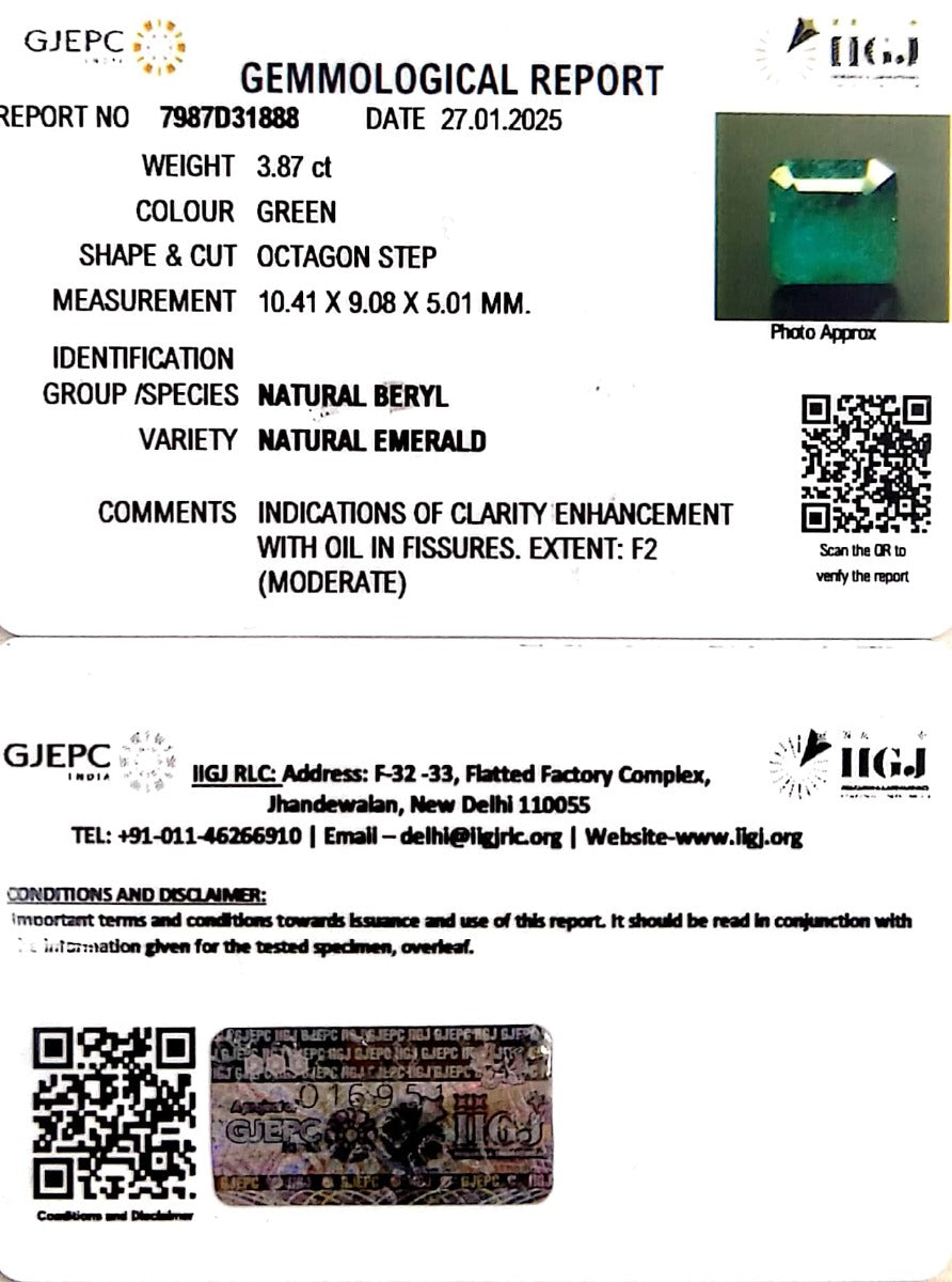 3.87/CT Natural Panna Stone with Govt. Lab Certificate-16650