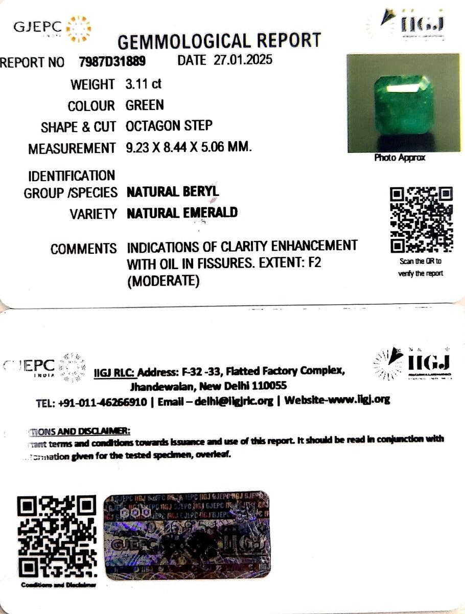 3.11/CT Natural Panna Stone with Govt. Lab Certificate-16650